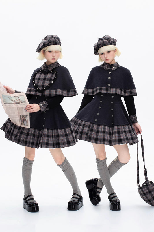 【受注予約~10/8】ハートチェック ジャンパースカート・ケープ・ブラウスセット【甜蜜梦境】