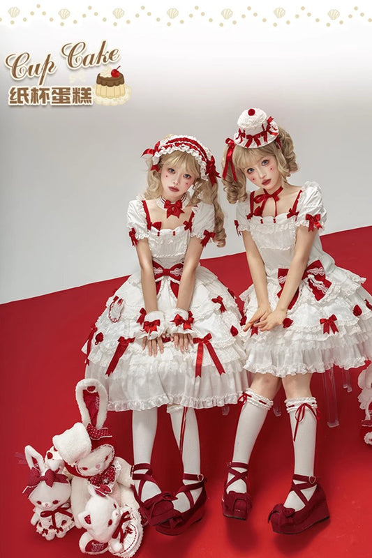 【受注予約~7/3】CupCakes ワンピース・ジャンパースカート・スカート(ホワイト×レッド)【花与珍珠匣】