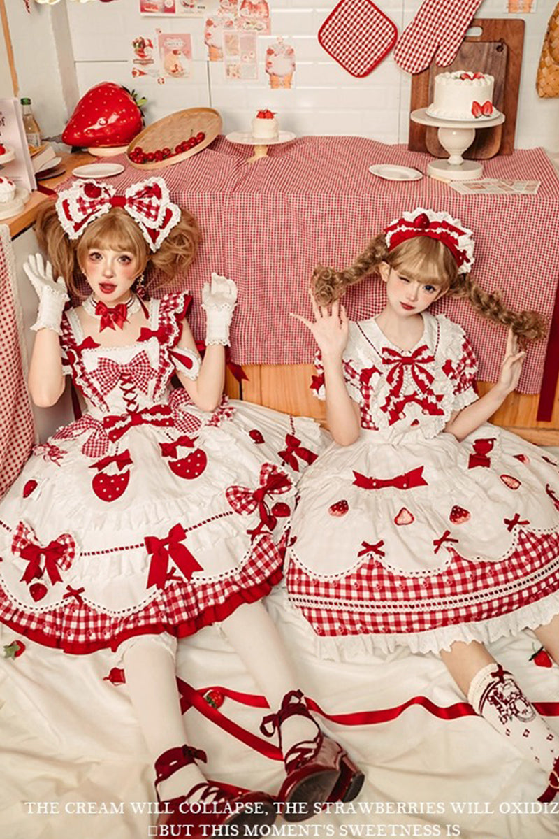 【受注予約~11/18】Strawberry Cake Illustration ギンガムワンピース・ジャンパースカート【花与珍珠匣】