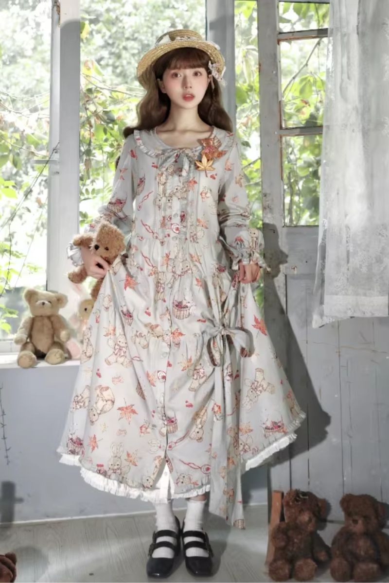 【受注予約~3/30】Autumn Rabbit and Bear ワンピース【Spring Flower Language】
