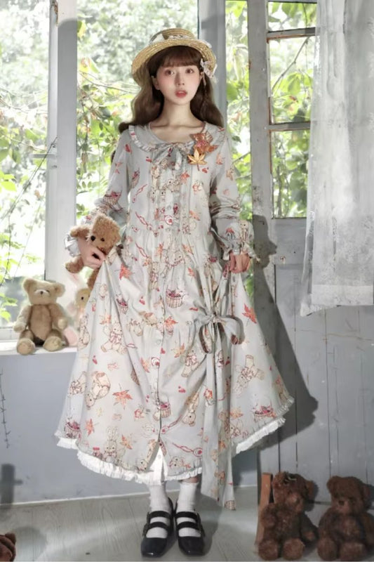 【受注予約~3/30】Autumn Rabbit and Bear ワンピース【Spring Flower Language】