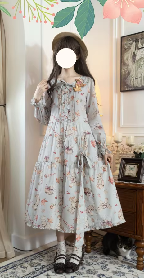 【受注予約~3/30】Autumn Rabbit and Bear ワンピース【Spring Flower Language】