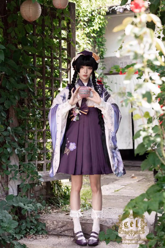 水彩椿花の手毬猫 スカート(ショート丈/ピンク・パープル)【CEL】