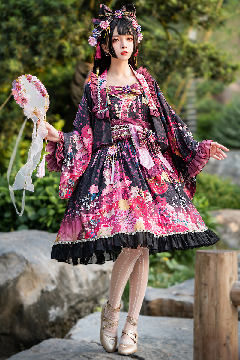 【取り寄せ】"桜吹雪と花見猫"ジャンパースカート＋羽織セット【THE FIELD CATS】